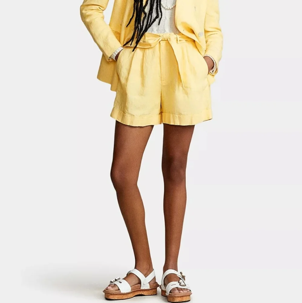 Polo Ralph Lauren Womens Shorts Size 12 Yellow Linen Relaxed Fit Roll Cuffs New
